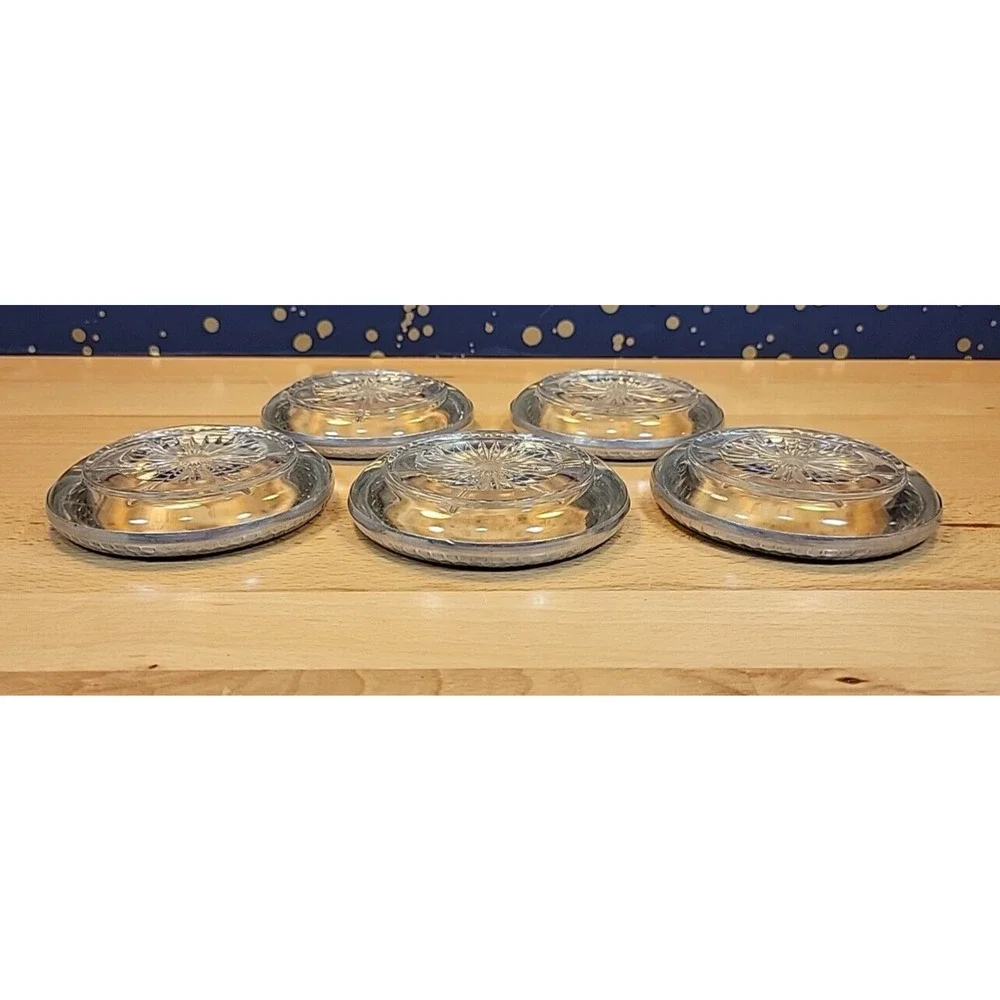 Vintage Coasters Glass Star Starburst Pattern w/ Hammered Aluminum Trim set of 5